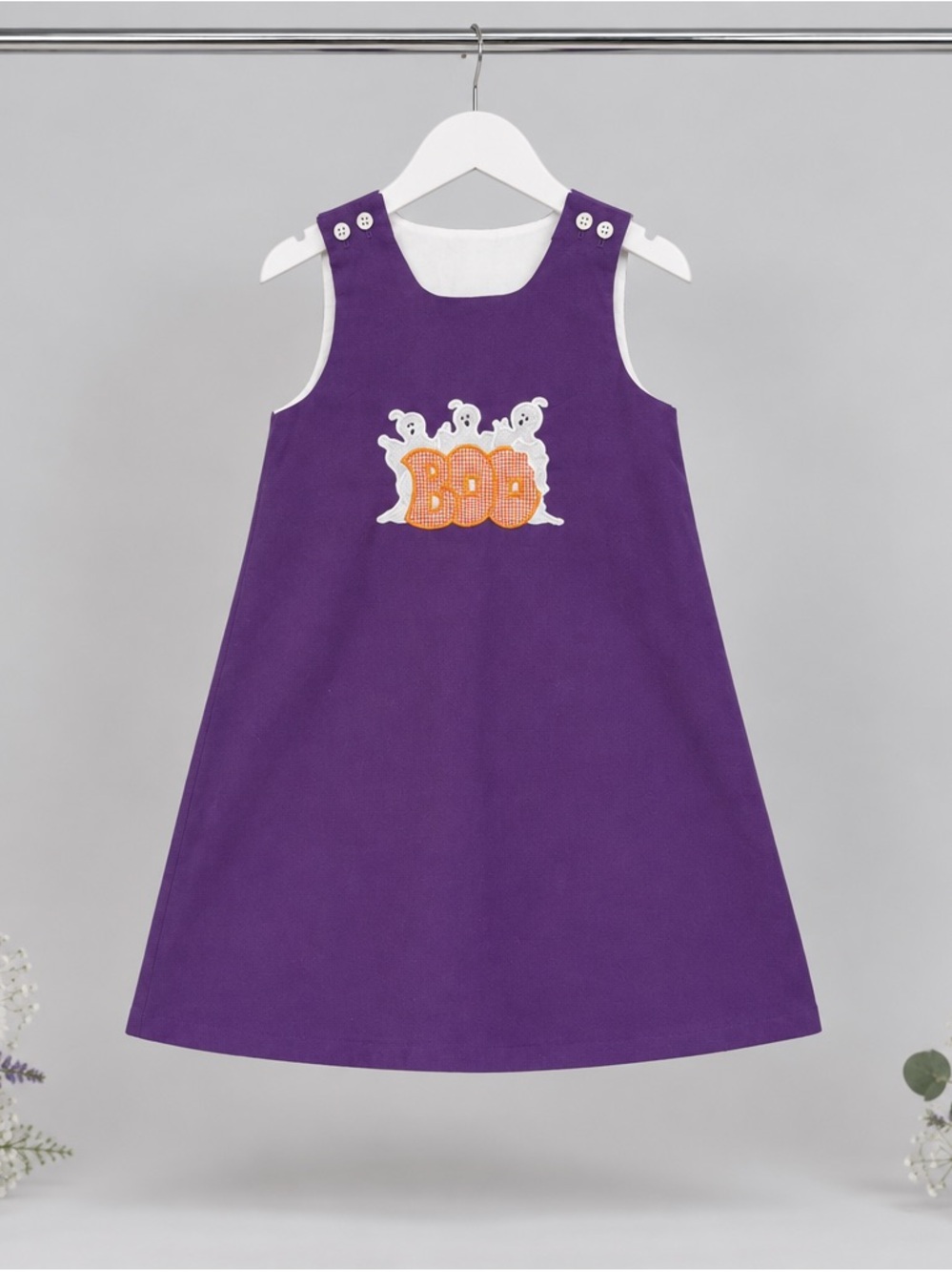 Kids Purple Halloween Jumper Dress with 'BOO' Ghost Appliqué